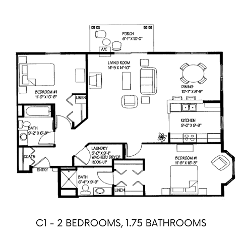 Floor plan for 2 beds, 2 baths, 1220 sqft